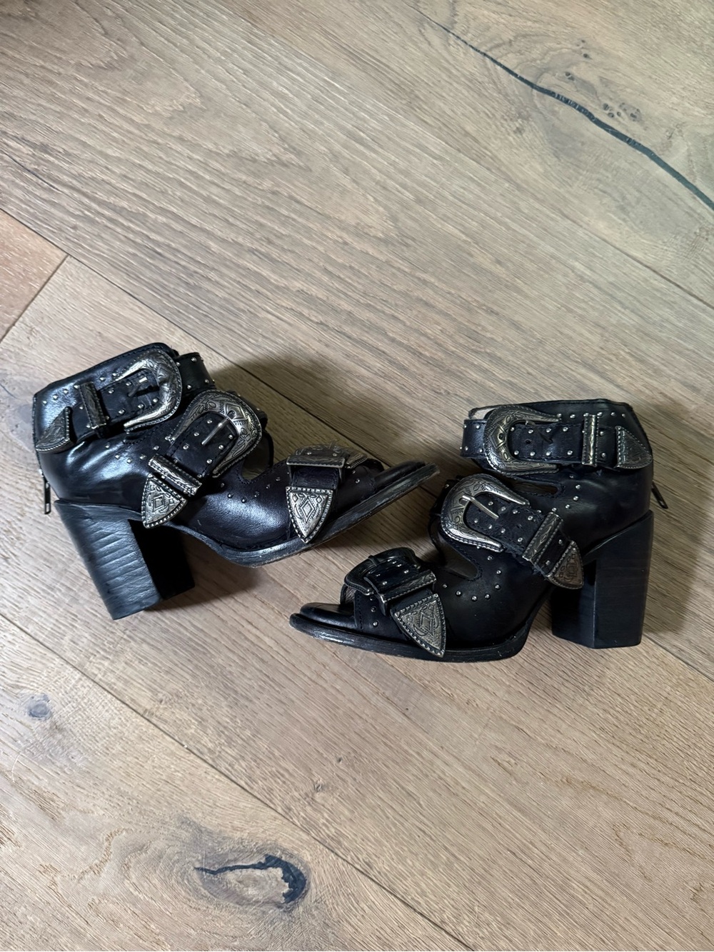 Freebird by Steven Violet Booties, Black Distressed Western Heeled Sandal